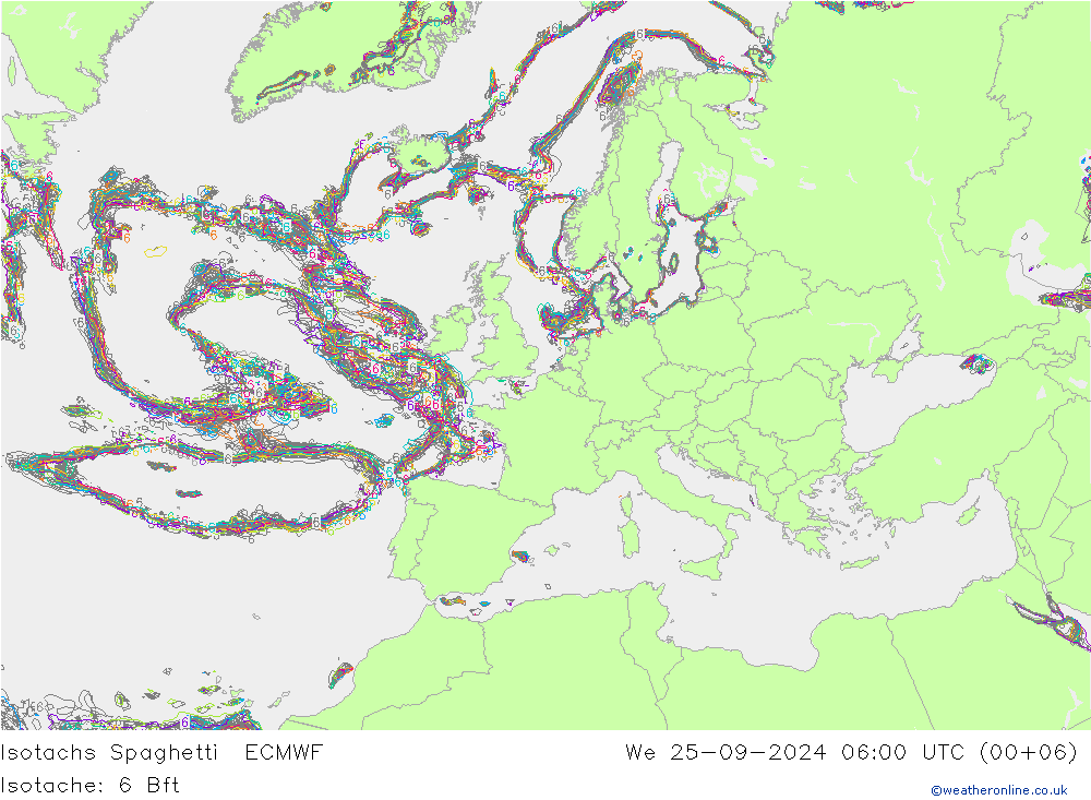 Isotachs Spaghetti ECMWF 星期三 25.09.2024 06 UTC