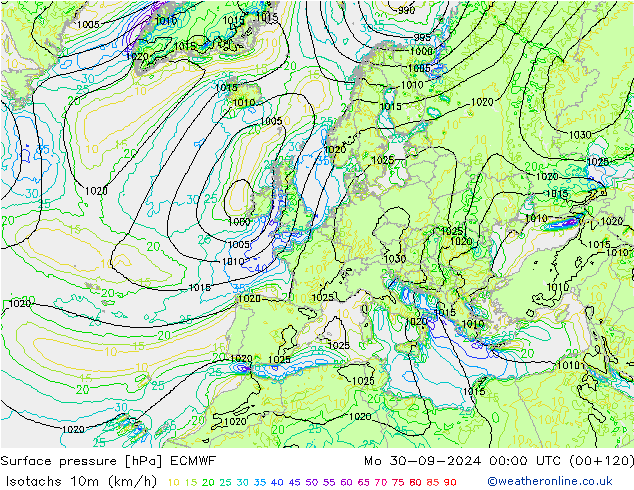 Isotachen (km/h) ECMWF Mo 30.09.2024 00 UTC