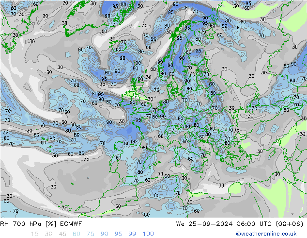 RH 700 hPa ECMWF Mi 25.09.2024 06 UTC