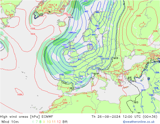 High wind areas ECMWF jue 26.09.2024 12 UTC