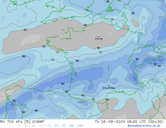 Humedad rel. 700hPa ECMWF jue 26.09.2024 06 UTC