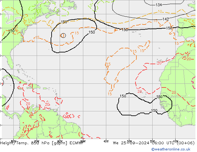 Height/Temp. 850 hPa ECMWF We 25.09.2024 06 UTC