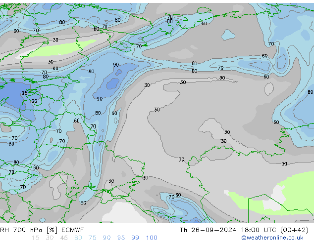 RH 700 hPa ECMWF gio 26.09.2024 18 UTC