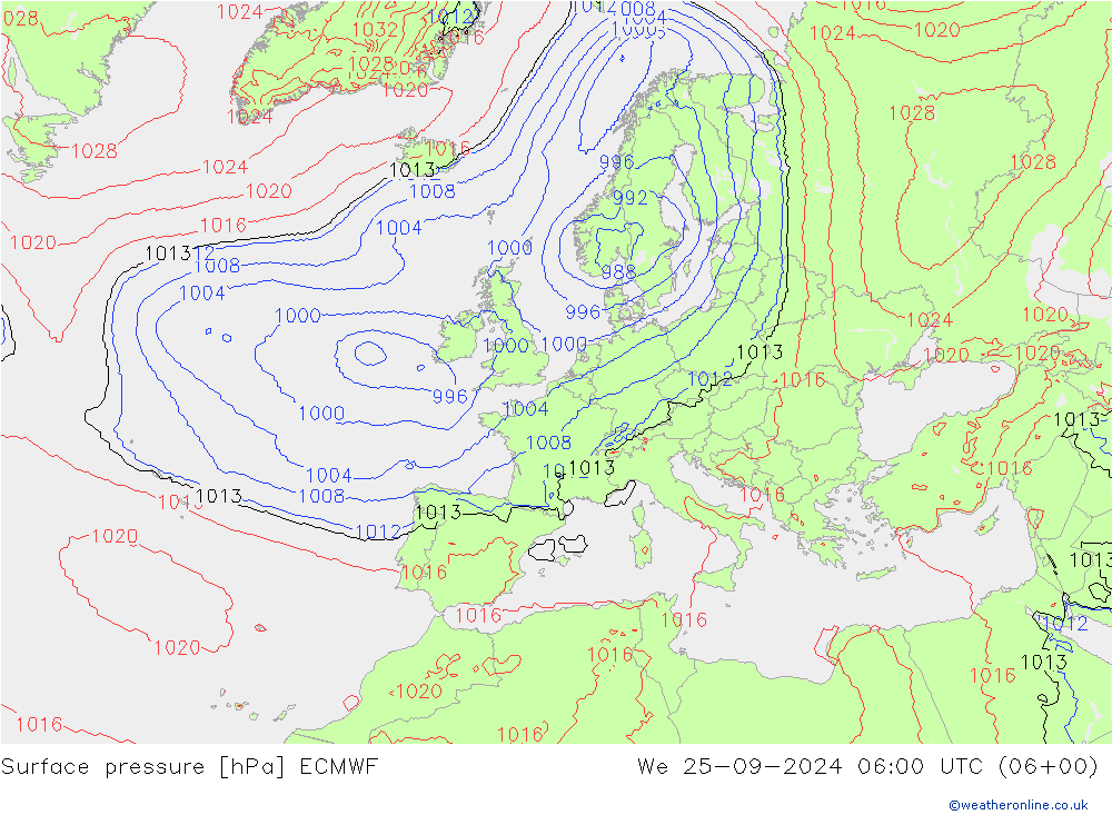 Surface pressure ECMWF We 25.09.2024 06 UTC