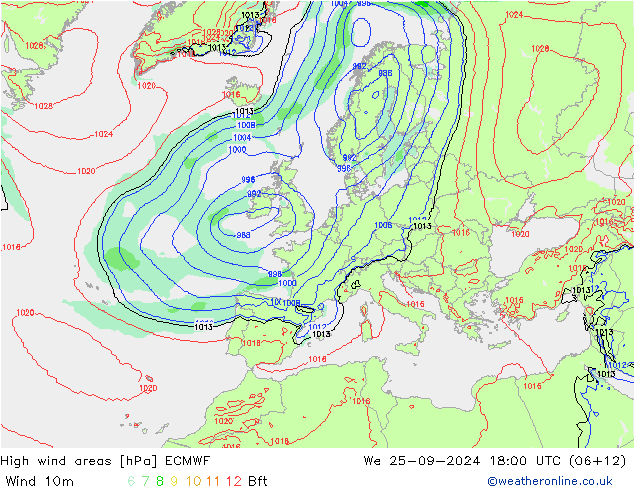 High wind areas ECMWF We 25.09.2024 18 UTC