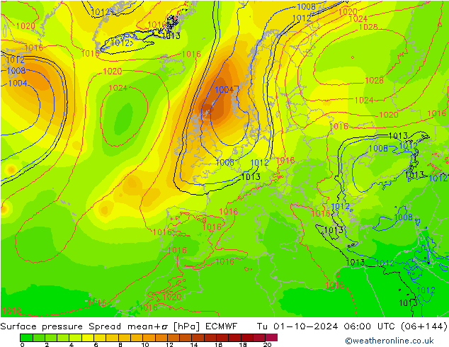 Surface pressure Spread ECMWF Tu 01.10.2024 06 UTC