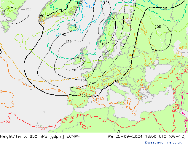 Height/Temp. 850 hPa ECMWF Qua 25.09.2024 18 UTC