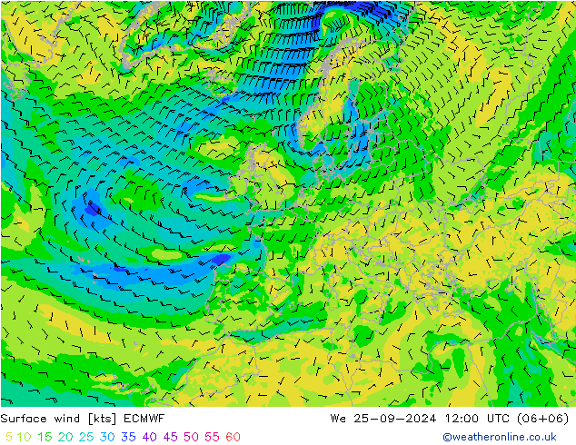 Vento 10 m ECMWF mer 25.09.2024 12 UTC