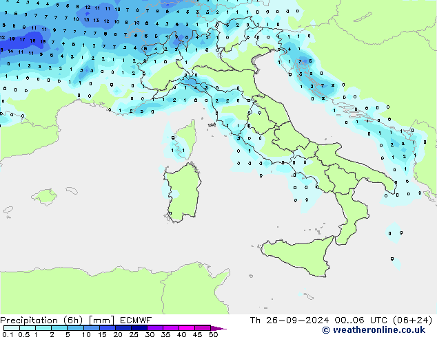 Precipitación (6h) ECMWF jue 26.09.2024 06 UTC