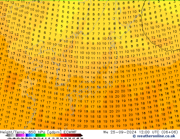 Height/Temp. 850 hPa ECMWF śro. 25.09.2024 12 UTC