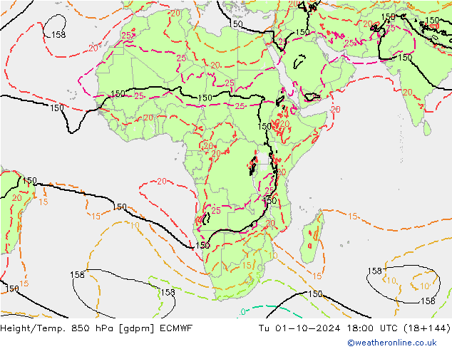 Height/Temp. 850 hPa ECMWF Tu 01.10.2024 18 UTC