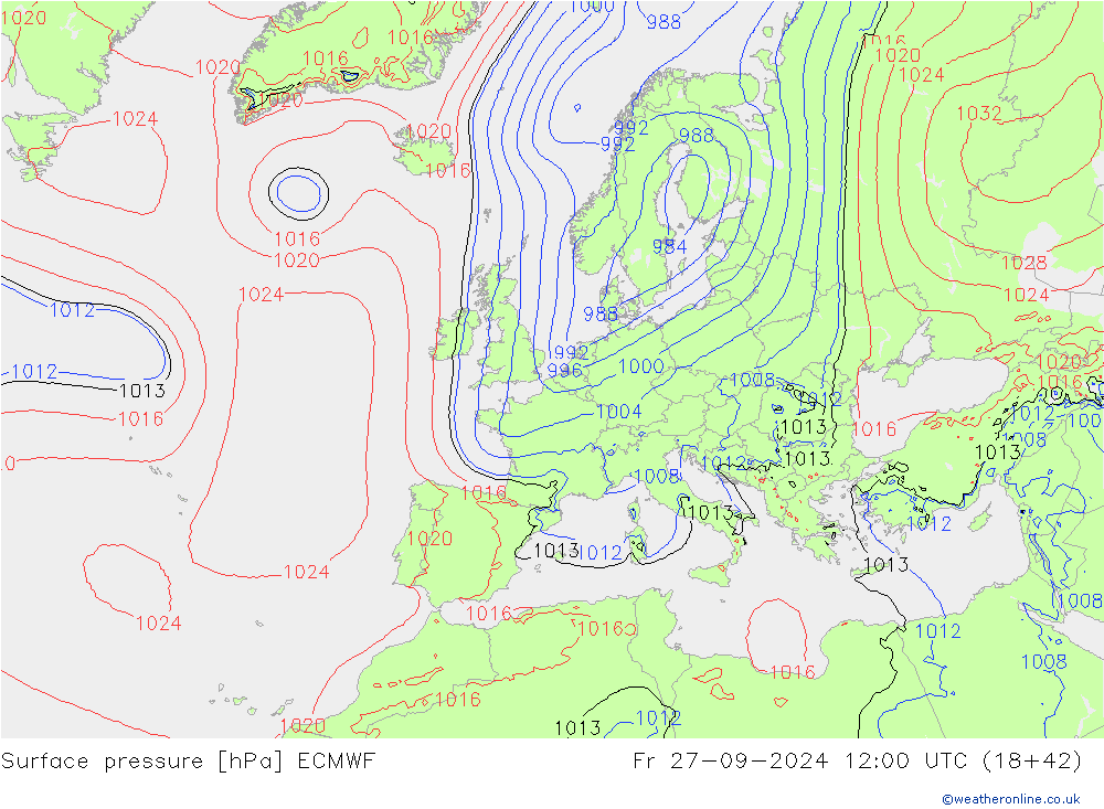 地面气压 ECMWF 星期五 27.09.2024 12 UTC