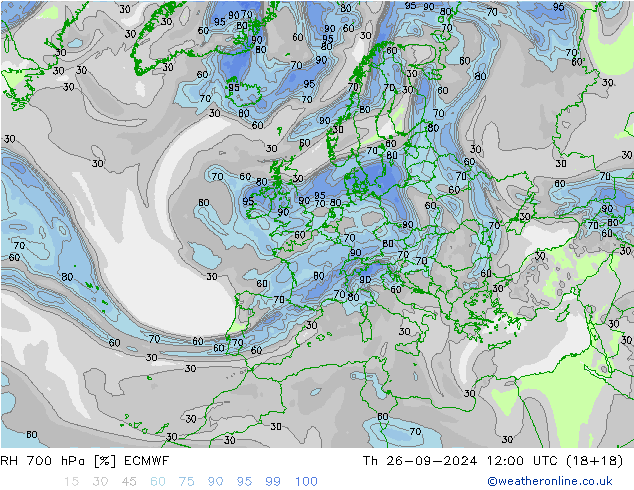 RH 700 hPa ECMWF gio 26.09.2024 12 UTC