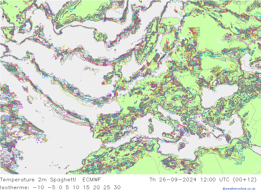 Temperatura 2m Spaghetti ECMWF Qui 26.09.2024 12 UTC