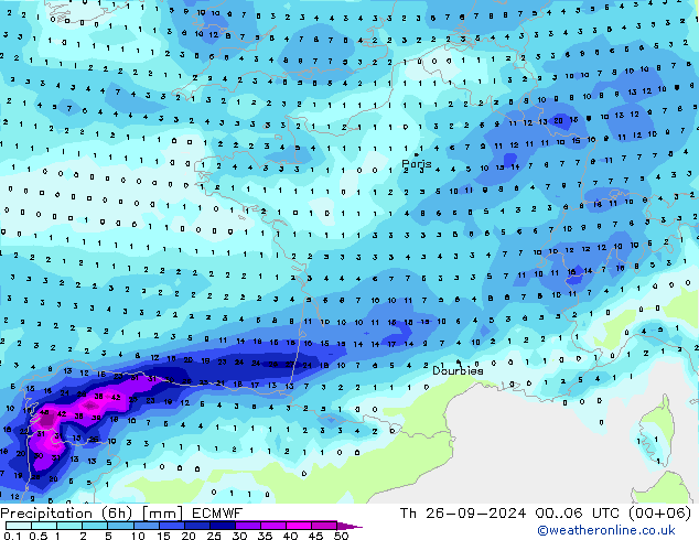 Precipitación (6h) ECMWF jue 26.09.2024 06 UTC