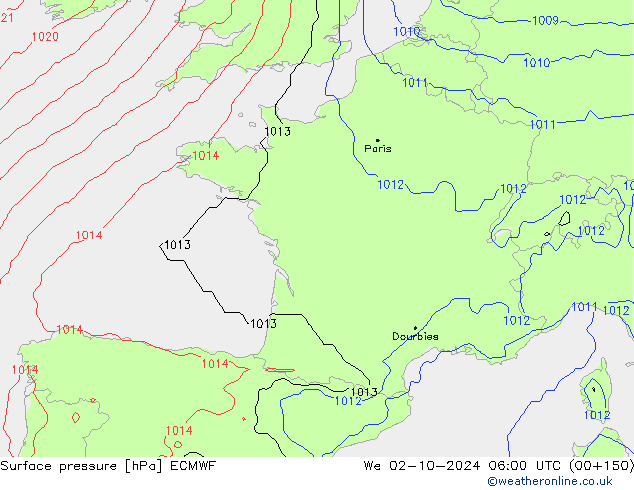 Presión superficial ECMWF mié 02.10.2024 06 UTC