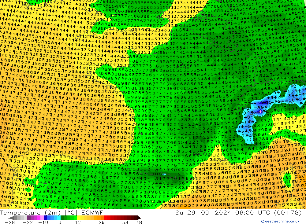 Temperatuurkaart (2m) ECMWF zo 29.09.2024 06 UTC