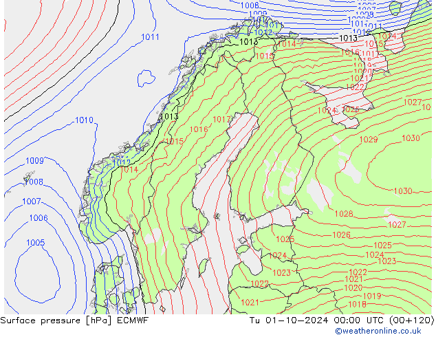 Luchtdruk (Grond) ECMWF di 01.10.2024 00 UTC