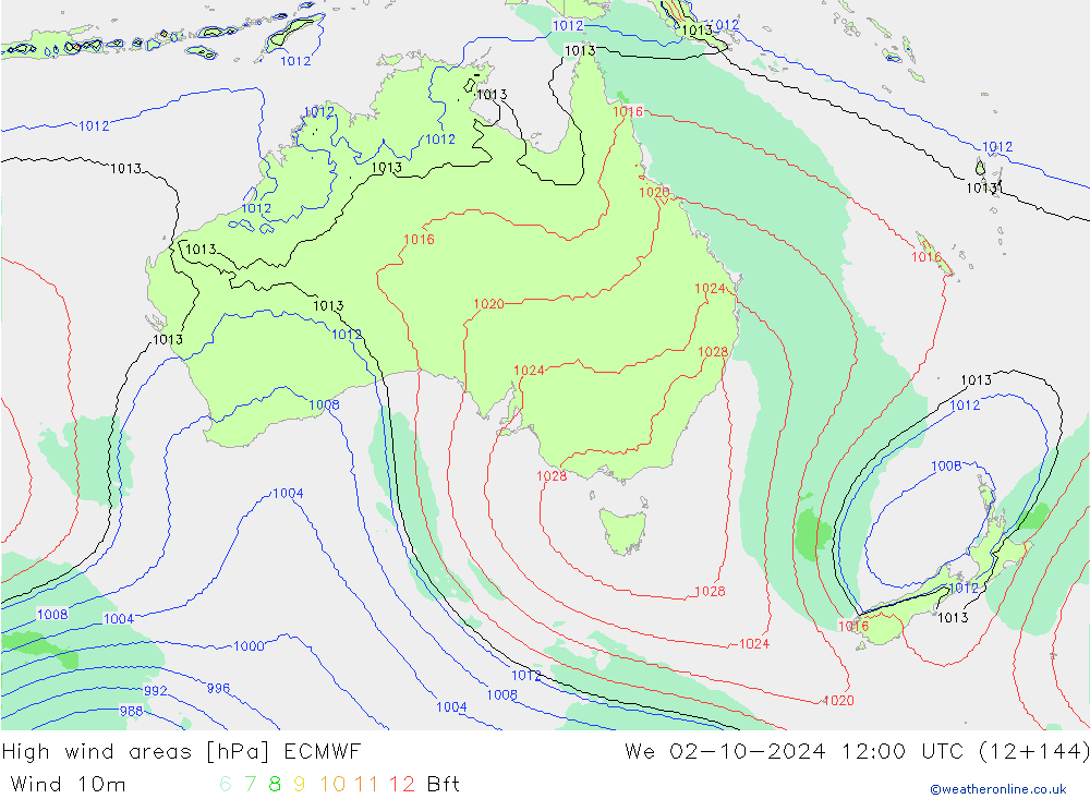 High wind areas ECMWF mié 02.10.2024 12 UTC