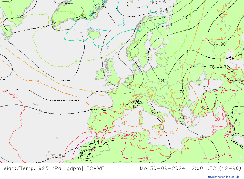 Height/Temp. 925 hPa ECMWF  30.09.2024 12 UTC