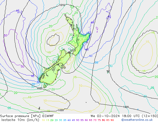 Isotachs (kph) ECMWF We 02.10.2024 18 UTC