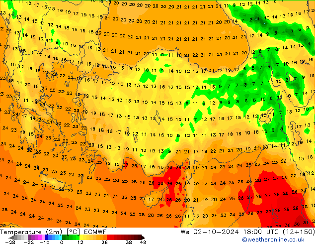 Temperatuurkaart (2m) ECMWF wo 02.10.2024 18 UTC