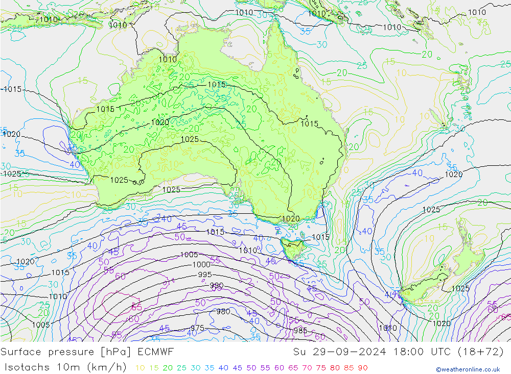 Eşrüzgar Hızları (km/sa) ECMWF Paz 29.09.2024 18 UTC