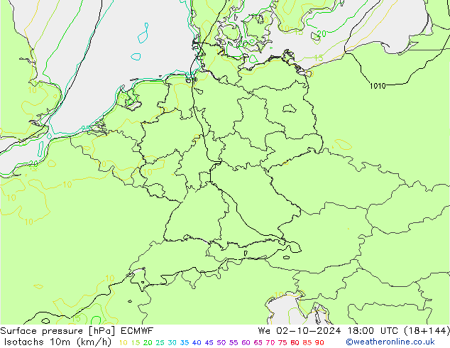 Isotachs (kph) ECMWF mer 02.10.2024 18 UTC