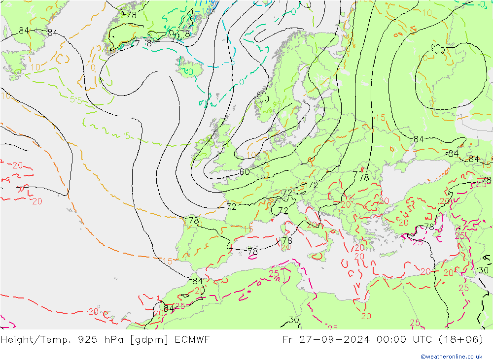 Hoogte/Temp. 925 hPa ECMWF vr 27.09.2024 00 UTC