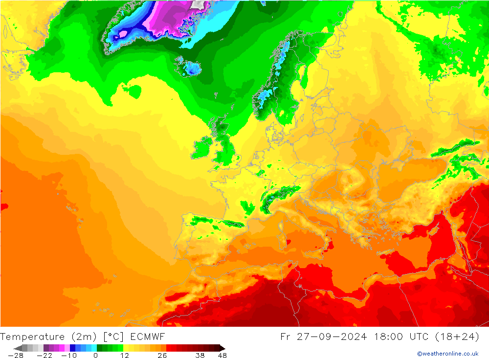 Temperature (2m) ECMWF Fr 27.09.2024 18 UTC