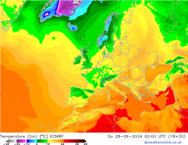 mapa temperatury (2m) ECMWF so. 28.09.2024 00 UTC