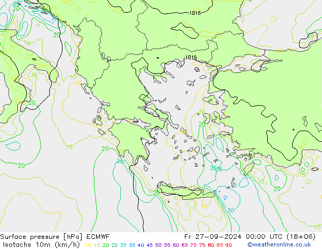 Isotachs (kph) ECMWF  27.09.2024 00 UTC