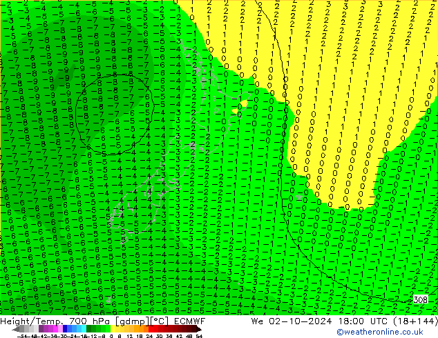 Yükseklik/Sıc. 700 hPa ECMWF Çar 02.10.2024 18 UTC