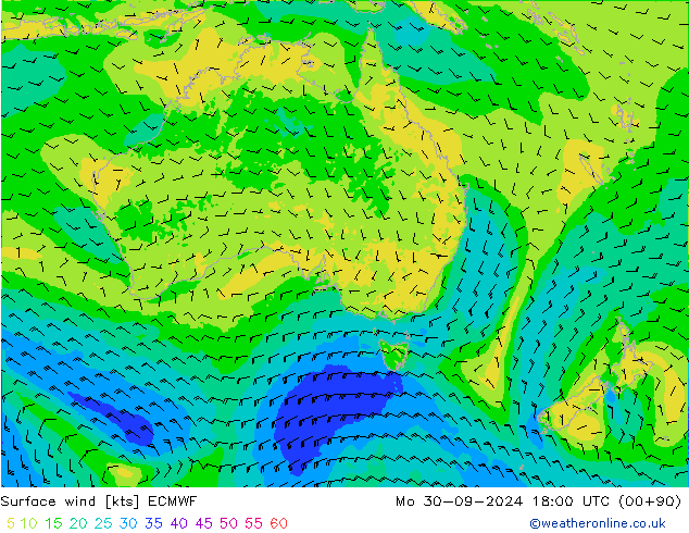 Rüzgar 10 m ECMWF Pzt 30.09.2024 18 UTC