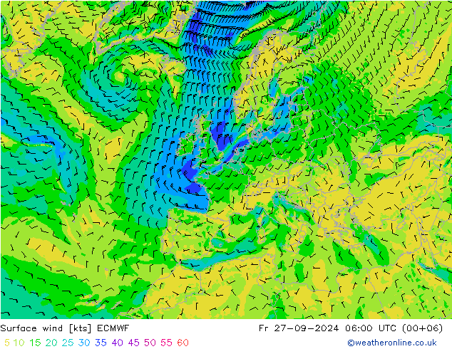 Surface wind ECMWF Pá 27.09.2024 06 UTC