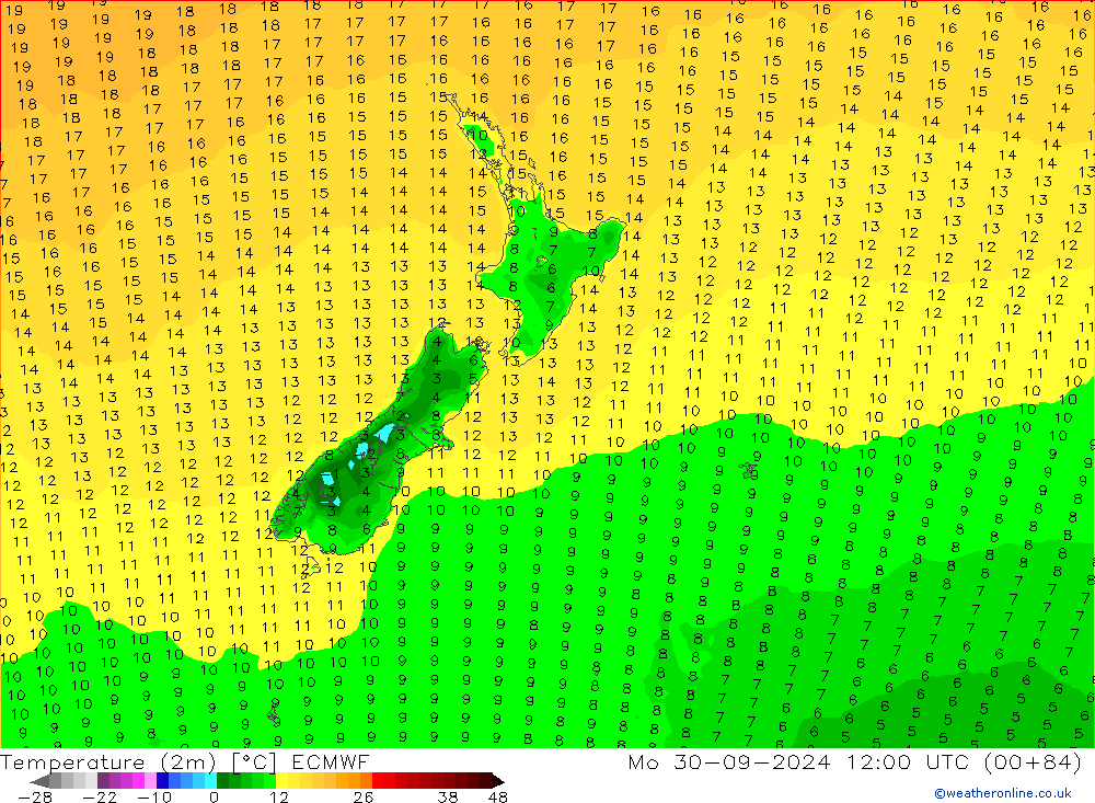 Temperatuurkaart (2m) ECMWF ma 30.09.2024 12 UTC