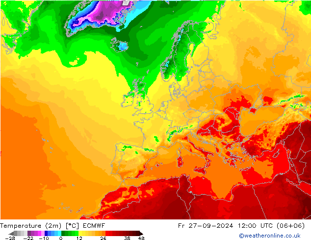 Temperatuurkaart (2m) ECMWF vr 27.09.2024 12 UTC