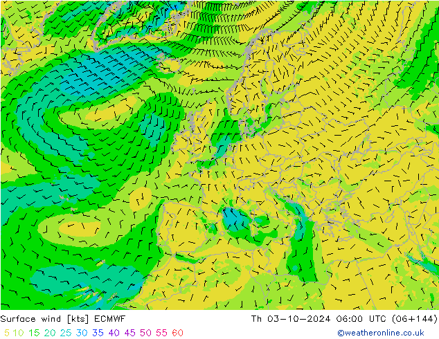 Wind 10 m ECMWF do 03.10.2024 06 UTC