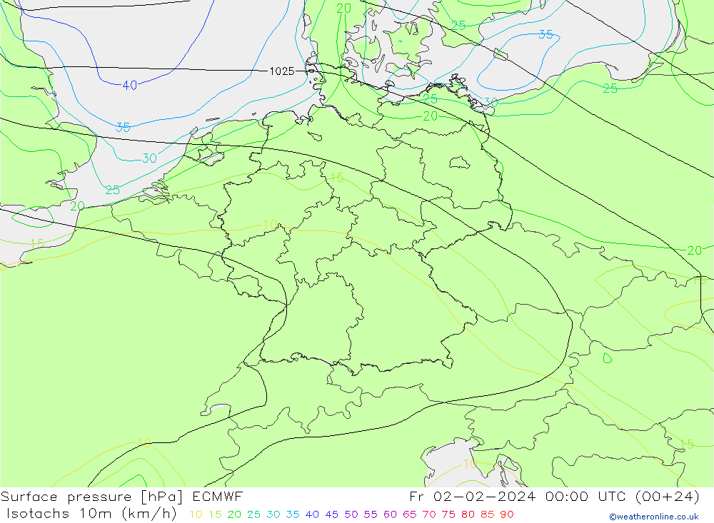 10米等风速线 (kph) ECMWF 星期五 02.02.2024 00 UTC