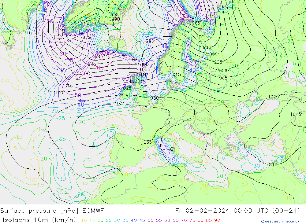 Isotachen (km/h) ECMWF Fr 02.02.2024 00 UTC