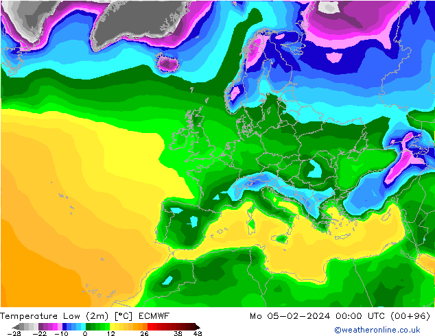 Nejnižší teplota (2m) ECMWF Po 05.02.2024 00 UTC