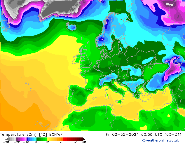 mapa temperatury (2m) ECMWF pt. 02.02.2024 00 UTC