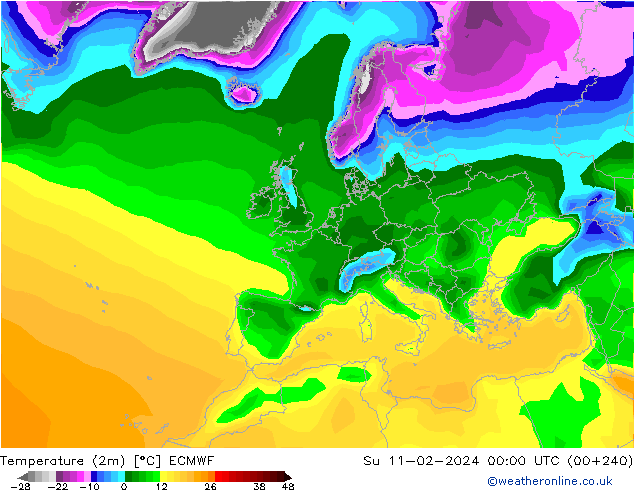 Temperature (2m) ECMWF Su 11.02.2024 00 UTC