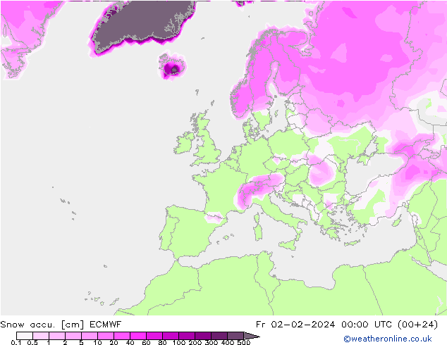 Snow accu. ECMWF Sex 02.02.2024 00 UTC