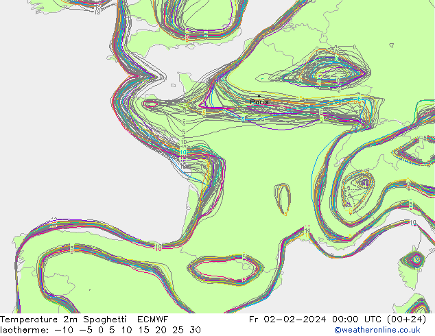 Temperatura 2m Spaghetti ECMWF ven 02.02.2024 00 UTC