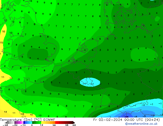 Temperatuurkaart (2m) ECMWF vr 02.02.2024 00 UTC