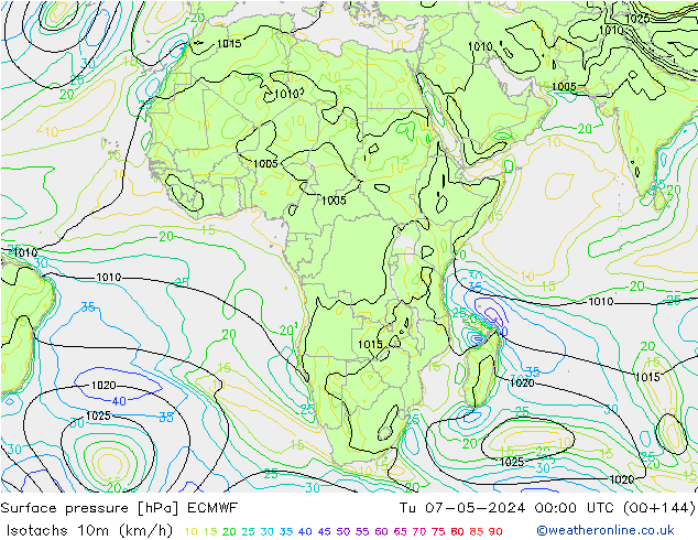 Izotacha (km/godz) ECMWF wto. 07.05.2024 00 UTC