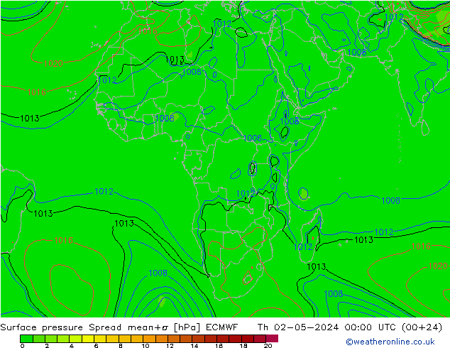 Atmosférický tlak Spread ECMWF Čt 02.05.2024 00 UTC