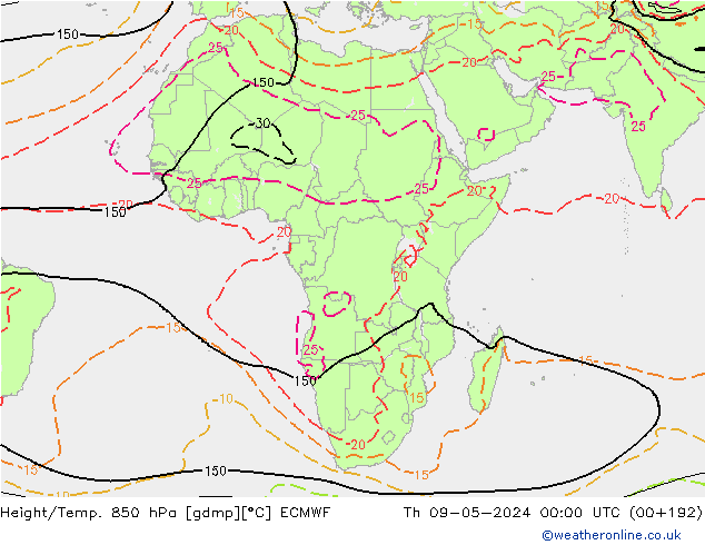Geop./Temp. 850 hPa ECMWF jue 09.05.2024 00 UTC