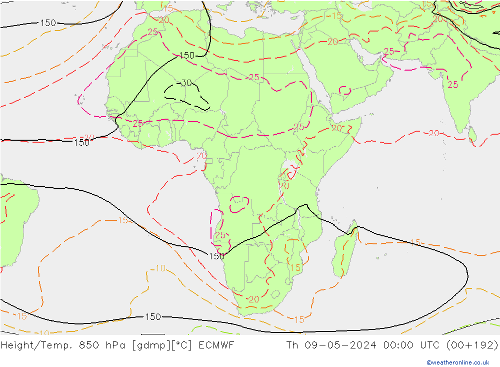 Geop./Temp. 850 hPa ECMWF jue 09.05.2024 00 UTC